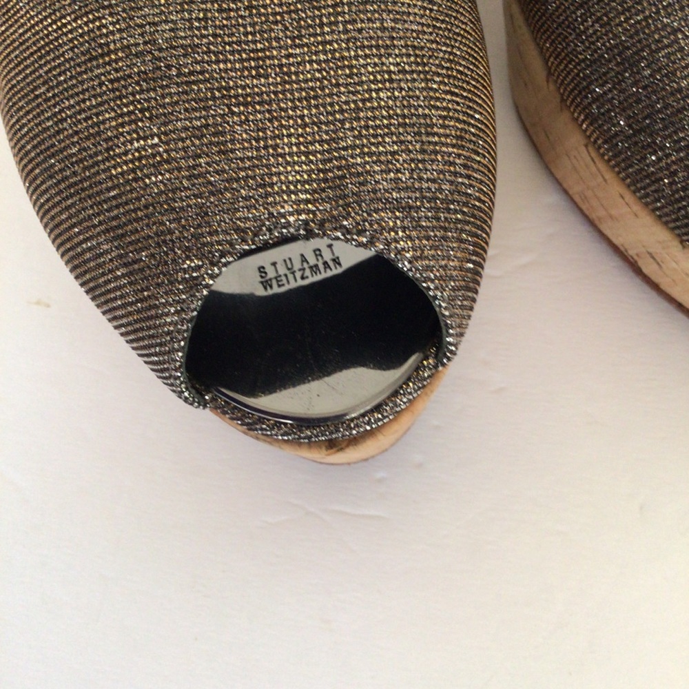 STUART WEITZMAN CORKSWOON BRONZE GLITTER CORK PLATFORM WEDGE SHOES SIZE … - Picture 7 of 16